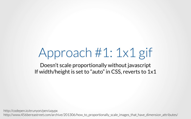 Approach #1: 1x1 gif
Doesn’t scale proportionally without javascript
If width/height is set to “auto” in CSS, reverts to 1x1
http://codepen.io/erunyon/pen/uqypx
http://www.456bereastreet.com/archive/201306/how_to_proportionally_scale_images_that_have_dimension_attributes/

