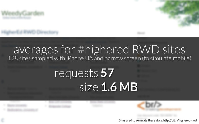 Sites used to generate these stats: http://bit.ly/highered-rwd
averages for #highered RWD sites
128 sites sampled with iPhone UA and narrow screen (to simulate mobile)
requests
size
57
1.6 MB
