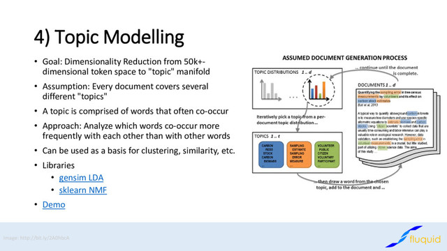 4) Topic Modelling
• Goal: Dimensionality Reduction from 50k+-
dimensional token space to "topic" manifold
• Assumption: Every document covers several
different "topics"
• A topic is comprised of words that often co-occur
• Approach: Analyze which words co-occur more
frequently with each other than with other words
• Can be used as a basis for clustering, similarity, etc.
• Libraries
• gensim LDA
• sklearn NMF
• Demo
Image: http://bit.ly/2A0hbcA
