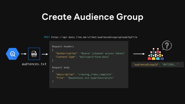 Create Audience Group
POST https://api-data.line.me/v2/bot/audienceGroup/upload/byFile
Request body
{
“description": “viewing_video_complete”
“file": “@audiences.txt;type=text/plain”
}
Request headers
{
“Authorization": “Bearer {channel access token}”
“Content-Type“: “multipart/form-data”
}
audiences.txt “audienceGroupId“: “8672903….”

