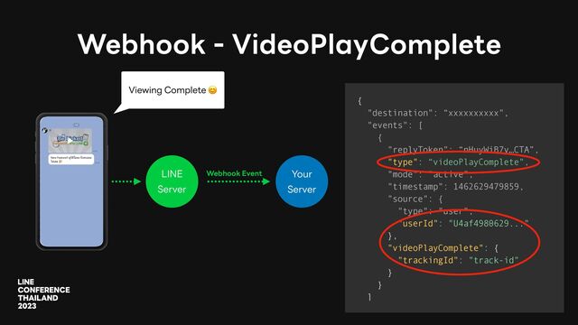 Webhook - VideoPlayComplete
LINE
Server
{
"destination": “xxxxxxxxxx",
"events": [
{
"replyToken": “nHuyWiB7y…CTA”,
"type": “videoPlayComplete",
"mode": "active",
"timestamp": 1462629479859,
"source": {
"type": "user",
"userId": "U4af4980629..."
},
"videoPlayComplete": {
"trackingId": "track-id"
}
}
]
Your
Server
Webhook Event
Viewing Complete 😊
