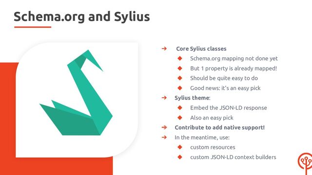 Schema.org and Sylius
➔ Core Sylius classes
◆ Schema.org mapping not done yet
◆ But 1 property is already mapped!
◆ Should be quite easy to do
◆ Good news: it’s an easy pick
➔ Sylius theme:
◆ Embed the JSON-LD response
◆ Also an easy pick
➔ Contribute to add native support!
➔ In the meantime, use:
◆ custom resources
◆ custom JSON-LD context builders
