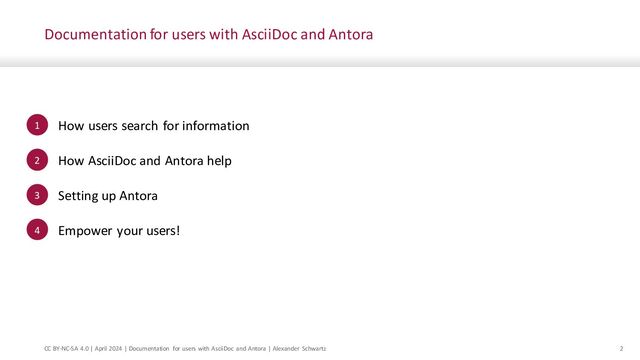 © msg | December 2020 | Creating a documentation site for users with AsciiDoc and Antora | Alexander Schwartz 2
Creating a documentation site for users with AsciiDoc and Antora
Empower your users with documentation
1.
Using AsciiDoc and Antora
2.
Setting up Antora
3.
Summary
4.
