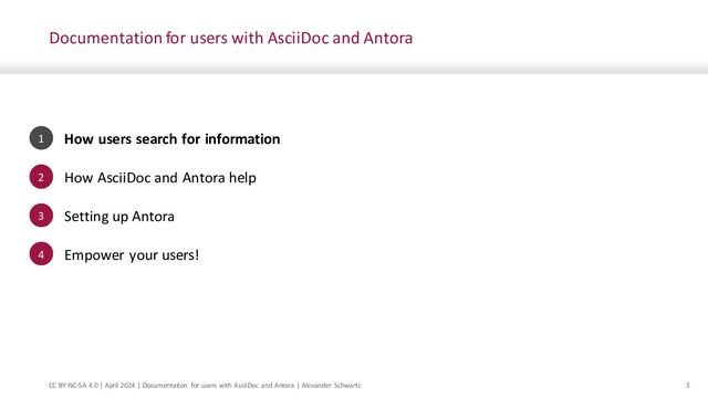 © msg | December 2020 | Creating a documentation site for users with AsciiDoc and Antora | Alexander Schwartz 3
Empower your users with documentation so they get their work done
Motivation
• Online, up-to-date, automated
• Searchable and topic-based
• Navigation and cross references
• Grouped by version
and component
