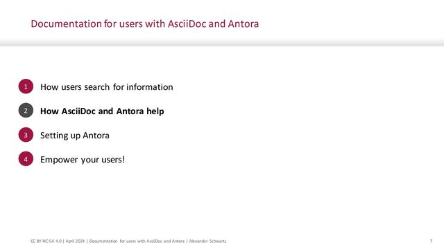7
© msg | December 2020 | Creating a documentation site for users with AsciiDoc and Antora | Alexander Schwartz
Antora: Publishing tools and documentation structure
• Structure documentation into components and modules
• Collect content from multiple repositories and branches
• Convert AsciiDoc to HTML
• Merge HTML with UI and create a static site
Key benefits:
• Fast Node runtime and minimal dependencies
• Modular and extendible
