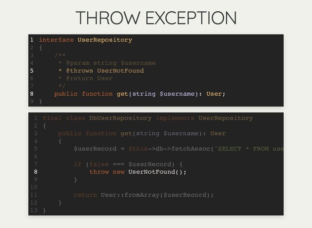THROW EXCEPTION
THROW EXCEPTION
interface UserRepository
* @throws UserNotFound
public function get(string $username): User;
1
{
2
/**
3
* @param string $username
4
5
* @return User
6
*/
7
8
}
9
throw new UserNotFound();
final class DbUserRepository implements UserRepository
1
{
2
public function get(string $username): User
3
{
4
$userRecord = $this->db->fetchAssoc('SELECT * FROM use
5
6
if (false === $userRecord) {
7
8
}
9
10
return User::fromArray($userRecord);
11
}
12
}
13
