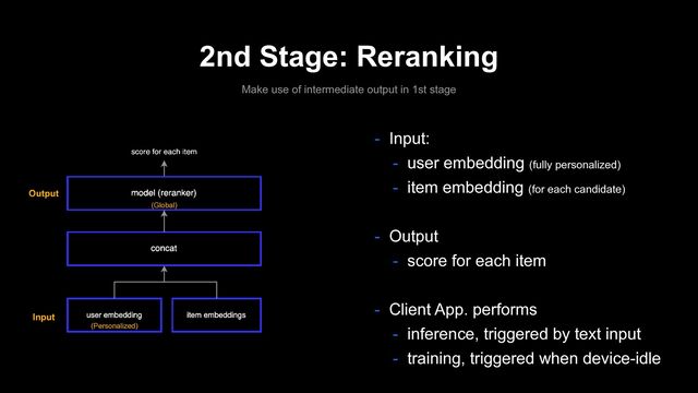 2nd Stage: Reranking
- Input:
- user embedding (fully personalized)
- item embedding (for each candidate)
- Output
- score for each item
- Client App. performs
- inference, triggered by text input
- training, triggered when device-idle
(Personalized)
Make use of intermediate output in 1st stage
(Global)
Input
Output
