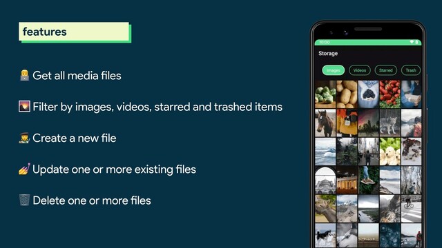 Get all media files
 Filter by images, videos, starred and trashed items
 Create a new file
 Update one or more existing files
 Delete one or more files
features
