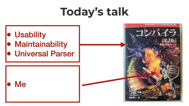Today’s talk
• Usability


• Maintainability


• Universal Parser


• Me
