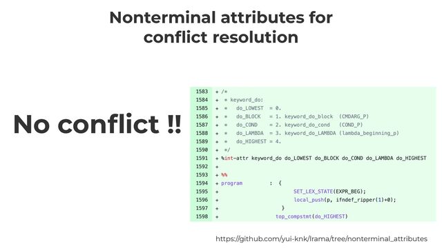 Nonterminal attributes for


con
fl
ict resolution
https://github.com/yui-knk/lrama/tree/nonterminal_attributes
No con
fl
ict !!
