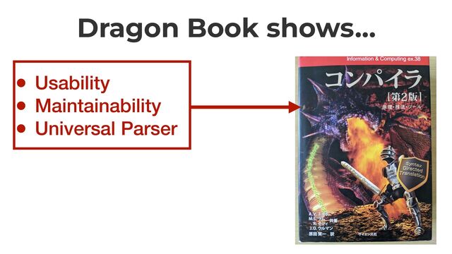 Dragon Book shows…
• Usability


• Maintainability


• Universal Parser


