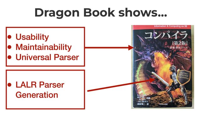 Dragon Book shows…
• Usability


• Maintainability


• Universal Parser


• LALR Parser
Generation
