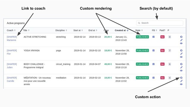 Link to coach Custom rendering
Custom action
Search (by default)

