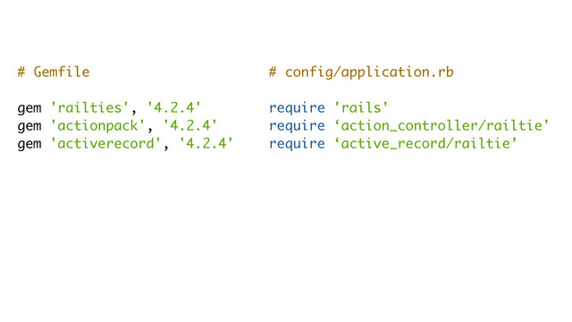 # config/application.rb
require 'rails'
require ‘action_controller/railtie'
require ‘active_record/railtie’
# Gemfile
gem 'railties', '4.2.4'
gem 'actionpack', '4.2.4'
gem 'activerecord', '4.2.4'
