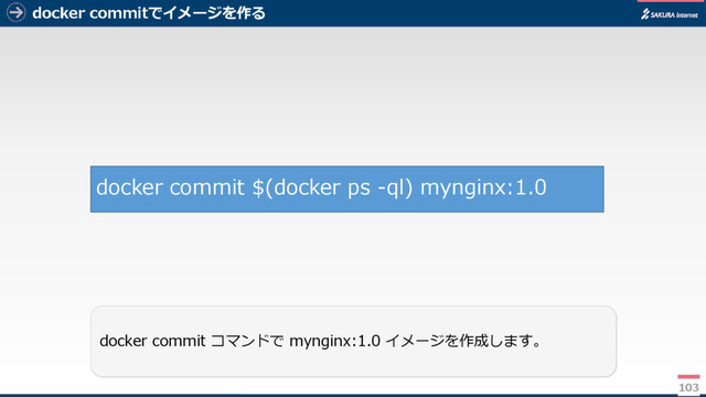 docker commitでイメージを作る
103
docker commit コマンドで mynginx:1.0 イメージを作成します。
docker commit $(docker ps -ql) mynginx:1.0
