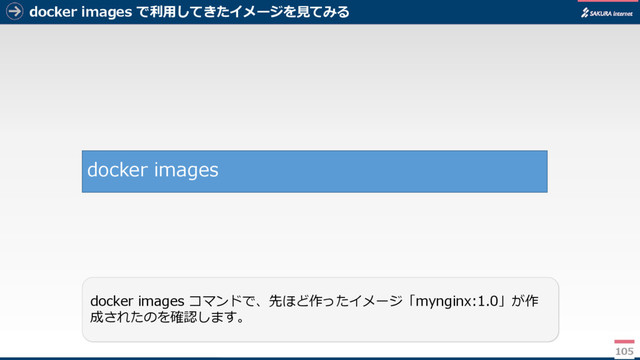 docker images で利用してきたイメージを見てみる
105
docker images コマンドで、先ほど作ったイメージ「mynginx:1.0」が作
成されたのを確認します。
docker images
