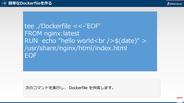 簡単なDockerfileを作る
11
次のコマンドを実行し、 Dockerfile を作成します。
tee ./Dockerfile <<-'EOF'
FROM nginx:latest
RUN echo "hello world<br>$(date)" >
/usr/share/nginx/html/index.html
EOF
