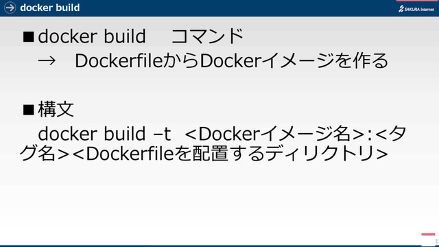 docker build
■docker build コマンド
→ DockerfileからDockerイメージを作る
■構文
docker build –t :<タ
グ名>
11
