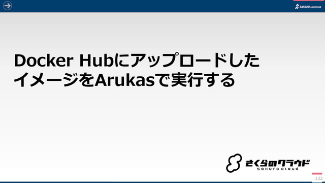 Docker Hubにアップロードした
イメージをArukasで実行する
132
