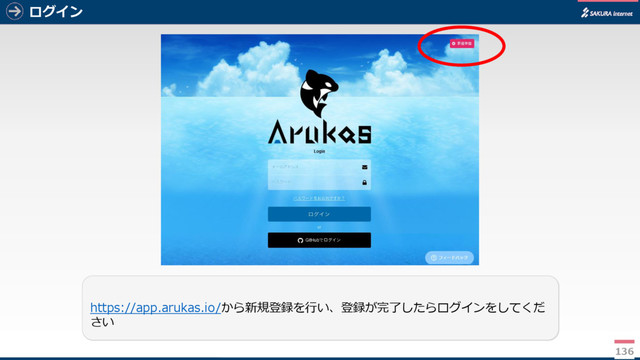 ログイン
136
https://app.arukas.io/から新規登録を行い、登録が完了したらログインをしてくだ
さい
