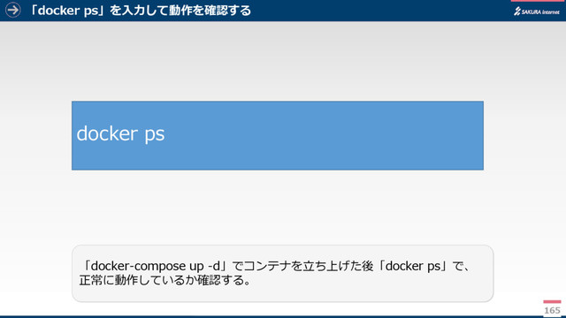 「docker ps」を入力して動作を確認する
165
「docker-compose up -d」でコンテナを立ち上げた後「docker ps」で、
正常に動作しているか確認する。
docker ps
