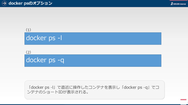 docker psのオプション
6
「docker ps -l」で直近に操作したコンテナを表示し「docker ps -q」でコ
ンテナのショートIDが表示される。
docker ps -l
docker ps -q
（1）
（2）
