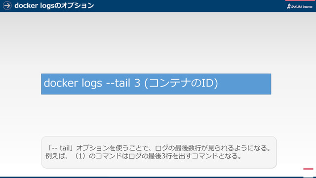 docker logsのオプション
7
「-- tail」オプションを使うことで、ログの最後数行が見られるようになる。
例えば、（1）のコマンドはログの最後3行を出すコマンドとなる。
docker logs --tail 3 (コンテナのID)
