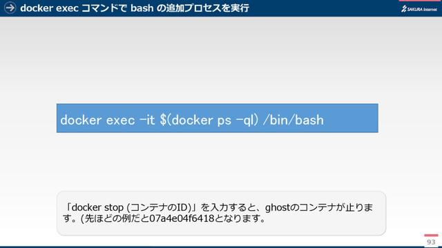 docker exec コマンドで bash の追加プロセスを実行
93
「docker stop (コンテナのID)」を入力すると、ghostのコンテナが止りま
す。(先ほどの例だと07a4e04f6418となります。
docker exec -it $(docker ps -ql) /bin/bash
