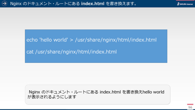 Nginx のドキュメント・ルートにある index.html を書き換えます。
96
Nginx のドキュメント・ルートにある index.html を書き換えhello world
が表示されるようにします
echo 'hello world' > /usr/share/nginx/html/index.html
cat /usr/share/nginx/html/index.html
