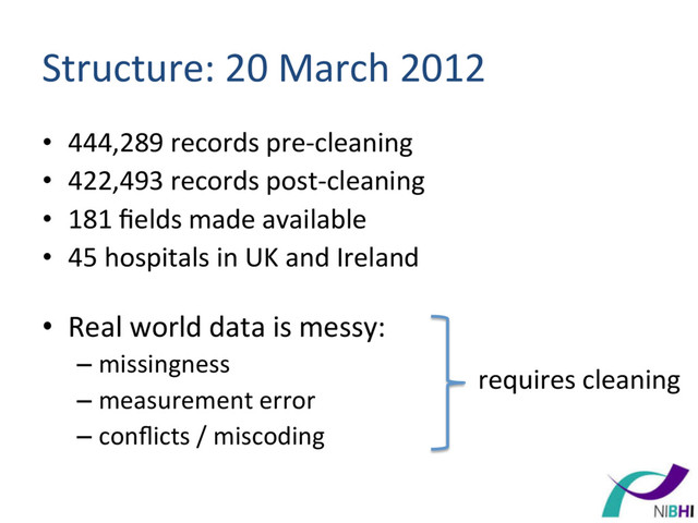 Structure:	  20	  March	  2012	  
•  444,289	  records	  pre-­‐cleaning	  
•  422,493	  records	  post-­‐cleaning	  
•  181	  ﬁelds	  made	  available	  
•  45	  hospitals	  in	  UK	  and	  Ireland	  
requires	  cleaning	  
•  Real	  world	  data	  is	  messy:	  	  
– missingness	  
– measurement	  error	  
– conﬂicts	  /	  miscoding	  
