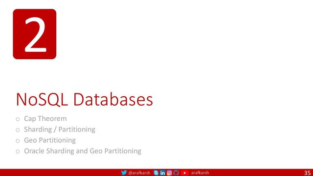 @arafkarsh arafkarsh
2
NoSQL Databases
o Cap Theorem
o Sharding / Partitioning
o Geo Partitioning
o Oracle Sharding and Geo Partitioning
35
