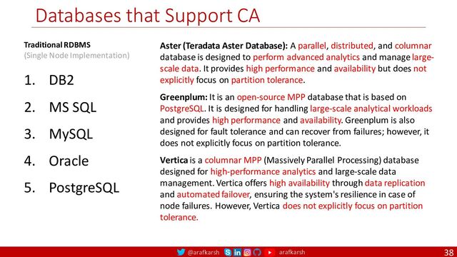 @arafkarsh arafkarsh
Databases that Support CA
38
Aster (Teradata Aster Database): A parallel, distributed, and columnar
database is designed to perform advanced analytics and manage large-
scale data. It provides high performance and availability but does not
explicitly focus on partition tolerance.
Greenplum: It is an open-source MPP database that is based on
PostgreSQL. It is designed for handling large-scale analytical workloads
and provides high performance and availability. Greenplum is also
designed for fault tolerance and can recover from failures; however, it
does not explicitly focus on partition tolerance.
Vertica is a columnar MPP (Massively Parallel Processing) database
designed for high-performance analytics and large-scale data
management. Vertica offers high availability through data replication
and automated failover, ensuring the system's resilience in case of
node failures. However, Vertica does not explicitly focus on partition
tolerance.
Traditional RDBMS
(Single Node Implementation)
1. DB2
2. MS SQL
3. MySQL
4. Oracle
5. PostgreSQL
