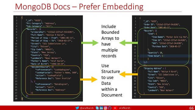@arafkarsh arafkarsh
MongoDB Docs – Prefer Embedding
66
Use
Structure
to use
Data
within a
Document
Include
Bounded
Arrays to
have
multiple
records
