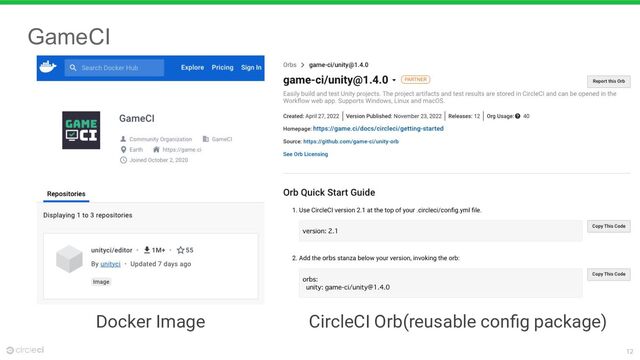 12
GameCI
Docker Image CircleCI Orb(reusable conﬁg package)
