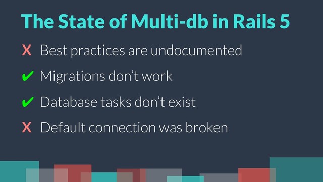 X Best practices are undocumented
✔ Migrations don’t work
✔ Database tasks don’t exist
X Default connection was broken
The State of Multi-db in Rails 5
