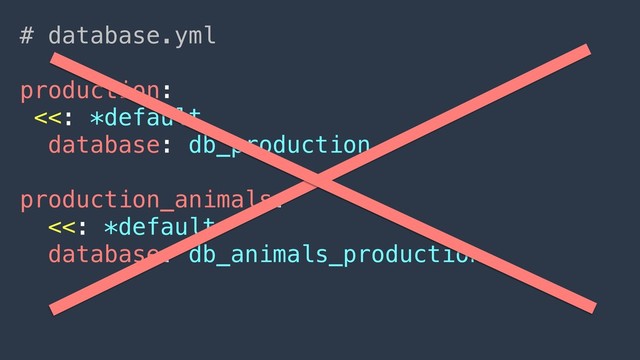 # database.yml
production:
<<: *default
database: db_production
production_animals:
<<: *default
database: db_animals_production

