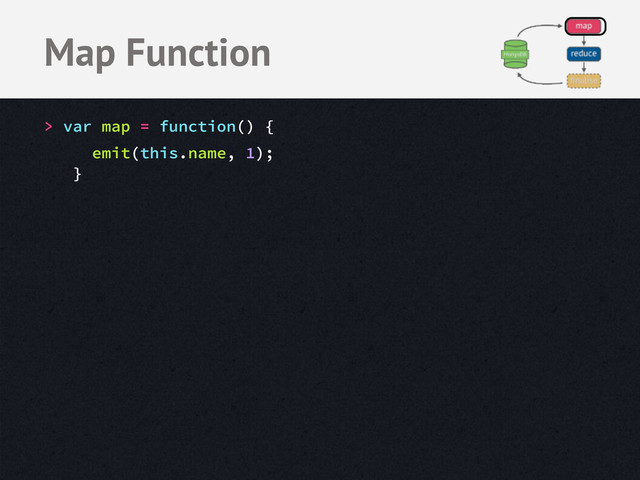 > var map = function() {
emit(this.name, 1);
}
Map Function
