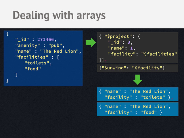 Dealing with arrays
{
"_id" : 271466,
"amenity" : "pub",
"name" : "The Red Lion",
"facilities" : [
"toilets",
"food"
]
}
{ "$project": {
"_id": 0,
"name": 1,
"facility": "$facilities"
}},
{"$unwind": "$facility"}
{ "name" : "The Red Lion",
"facility" : "toilets" },
{ "name" : "The Red Lion",
"facility" : "food" }
