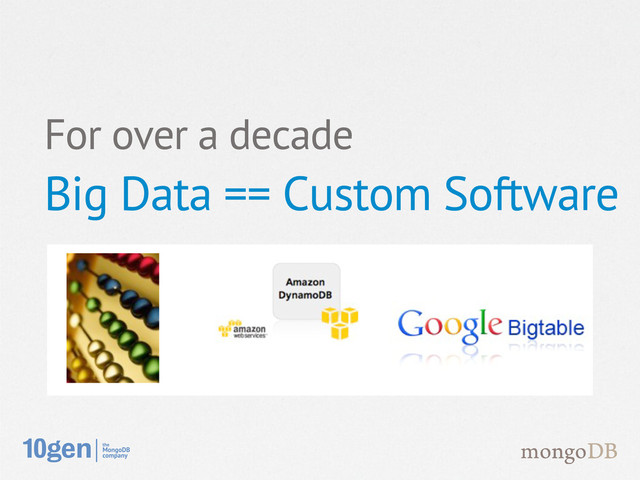 For over a decade
Big Data == Custom Software
