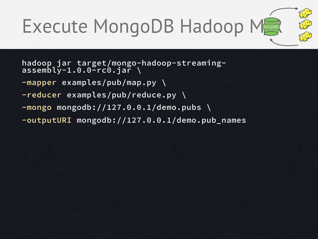 hadoop jar target/mongo-hadoop-streaming-
assembly-1.0.0-rc0.jar \
-mapper examples/pub/map.py \
-reducer examples/pub/reduce.py \
-mongo mongodb://127.0.0.1/demo.pubs \
-outputURI mongodb://127.0.0.1/demo.pub_names
Execute MongoDB Hadoop M/R
