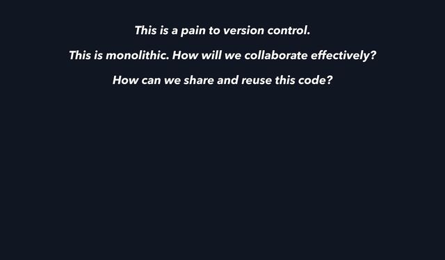 This is a pain to version control.
This is monolithic. How will we collaborate effectively?
How can we share and reuse this code?
