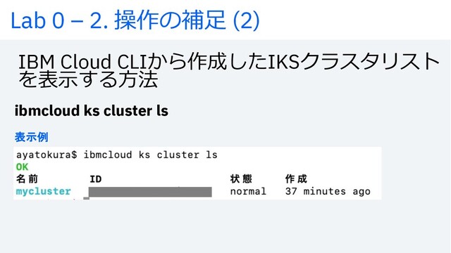IBM Cloud CLIから作成したIKSクラスタリスト
を表⽰する⽅法
ibmcloud ks cluster ls
Lab 0 – 2. 操作の補⾜ (2)
表示例
