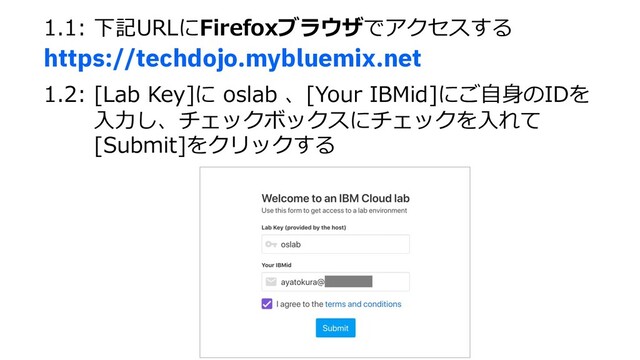 1.1: 下記URLにFirefoxブラウザでアクセスする
https://techdojo.mybluemix.net
1.2: [Lab Key]に oslab 、[Your IBMid]にご⾃⾝のIDを
⼊⼒し、チェックボックスにチェックを⼊れて
[Submit]をクリックする
