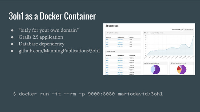 ●
“bit.ly for your own domain”
●
Grails 2.5 application
●
Database dependency
●
github.com/ManningPublications/3oh1
3oh1 as a Docker Container
$ docker run -it --rm -p 9000:8080 mariodavid/3oh1
