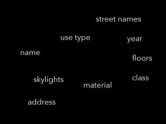 material
use type
street names
address
ﬂoors
name
class
year
skylights
