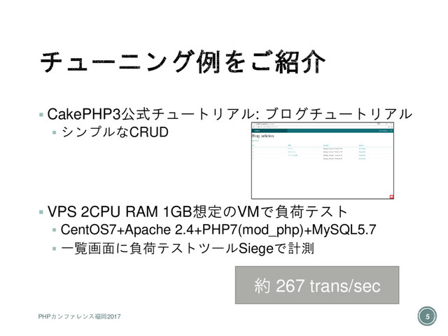 CakePHP3公式チュートリアル: ブログチュートリアル
 シンプルなCRUD
 VPS 2CPU RAM 1GB想定のVMで負荷テスト
 CentOS7+Apache 2.4+PHP7(mod_php)+MySQL5.7
 一覧画面に負荷テストツールSiegeで計測
約 267 trans/sec
PHPカンファレンス福岡2017 5
