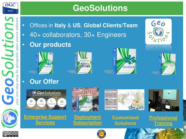 GeoSolutions
Enterprise Support
Services
Deployment
Subscription
Professional
Training
Customized
Solutions
GeoNode
• Offices in Italy & US, Global Clients/Team
• 40+ collaborators, 30+ Engineers
• Our products
• Our Offer
