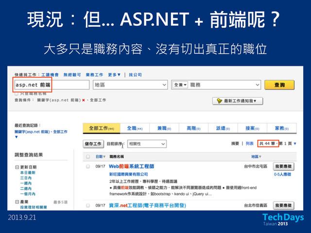 現況：但... ASP.NET +	 前端呢？
大多只是職務內容、沒有切出真正的職位
2013.9.21
