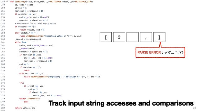 20
Track input string accesses and comparisons
[ 3 , ]
PARSE ERROR c ∉{'0'.., '[', '{'}
