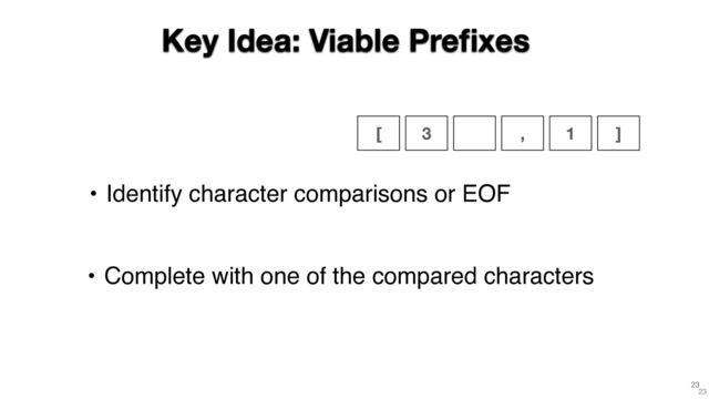 23
• Identify character comparisons or EOF
Key Idea: Viable Pre
fi
xes
23
• Complete with one of the compared characters
[ 3 , 1 ]
